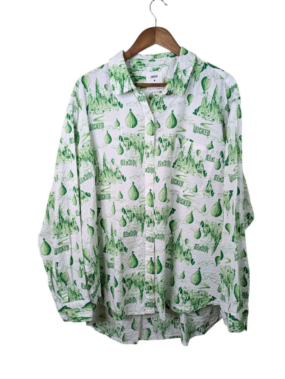 Aerie x Wicked Seersucker Top XXL 2XL Green Elphaba Balloon Print Long Sleeve